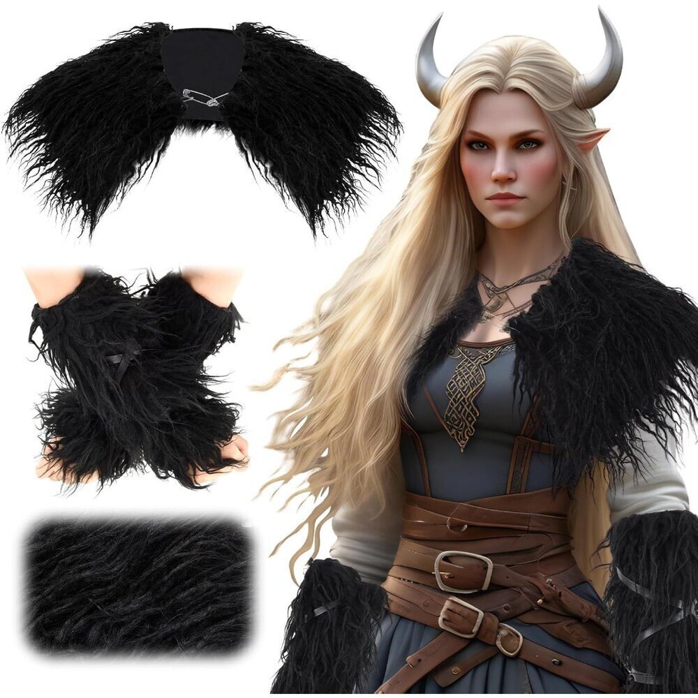 Women Viking Costume Faux Wool Fur Collar Shawl Cuffs Halloween Cosplay